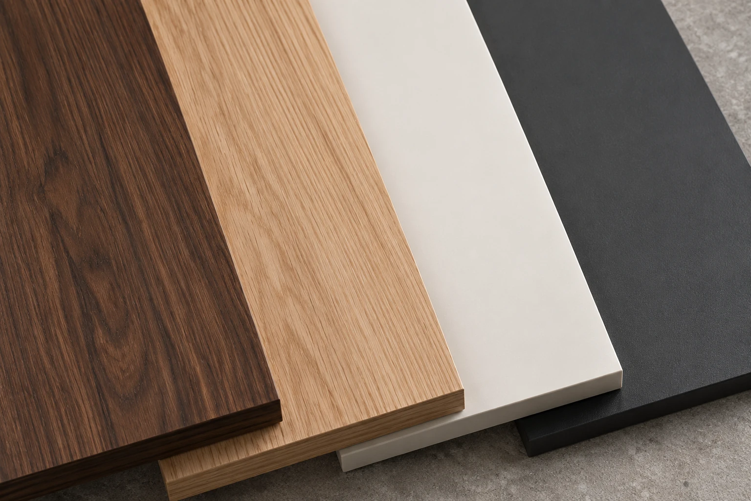 Surface finishes: walnut, oak, ivory and charcoal