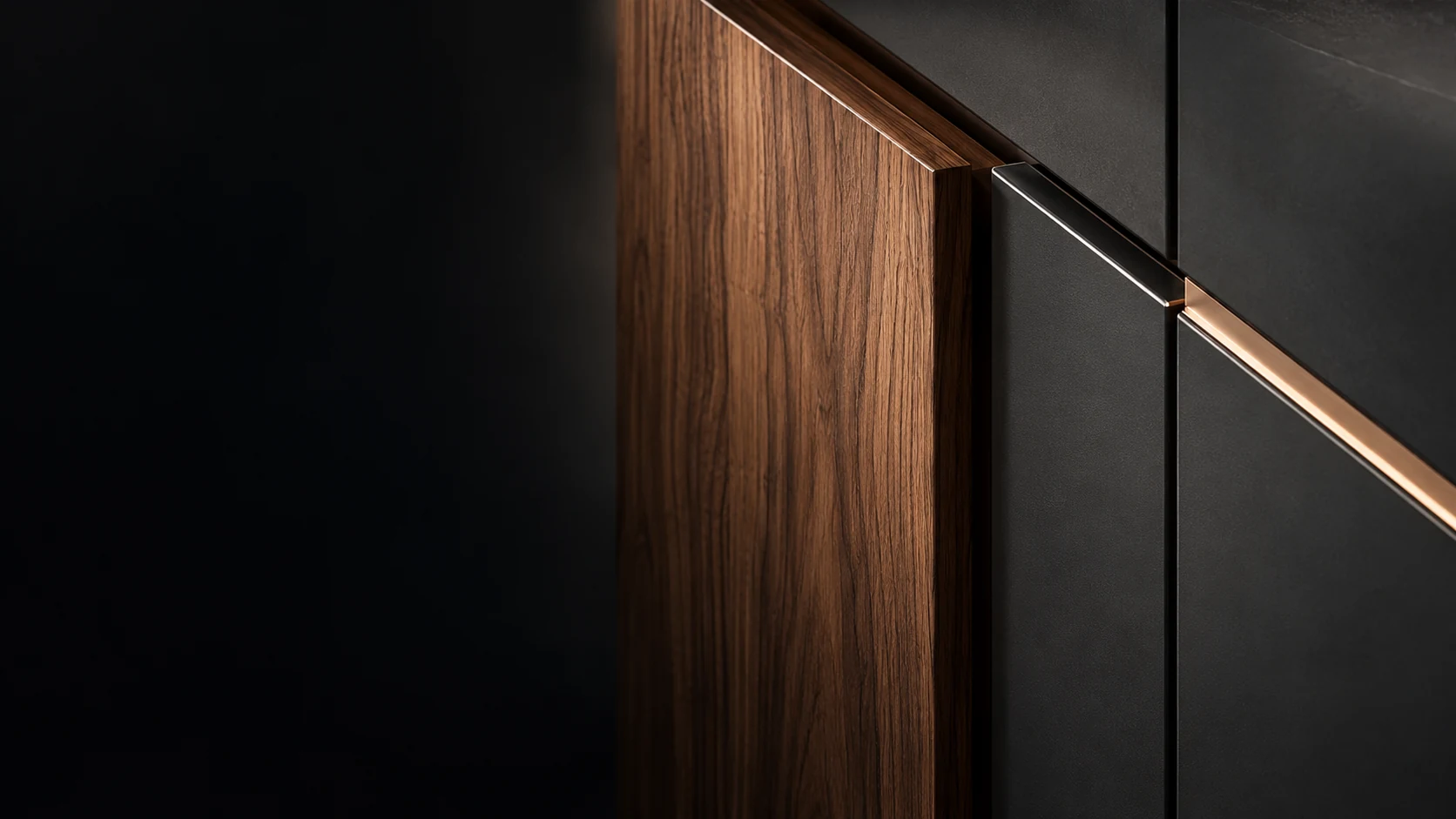 Close view of walnut and graphite cabinet finishes