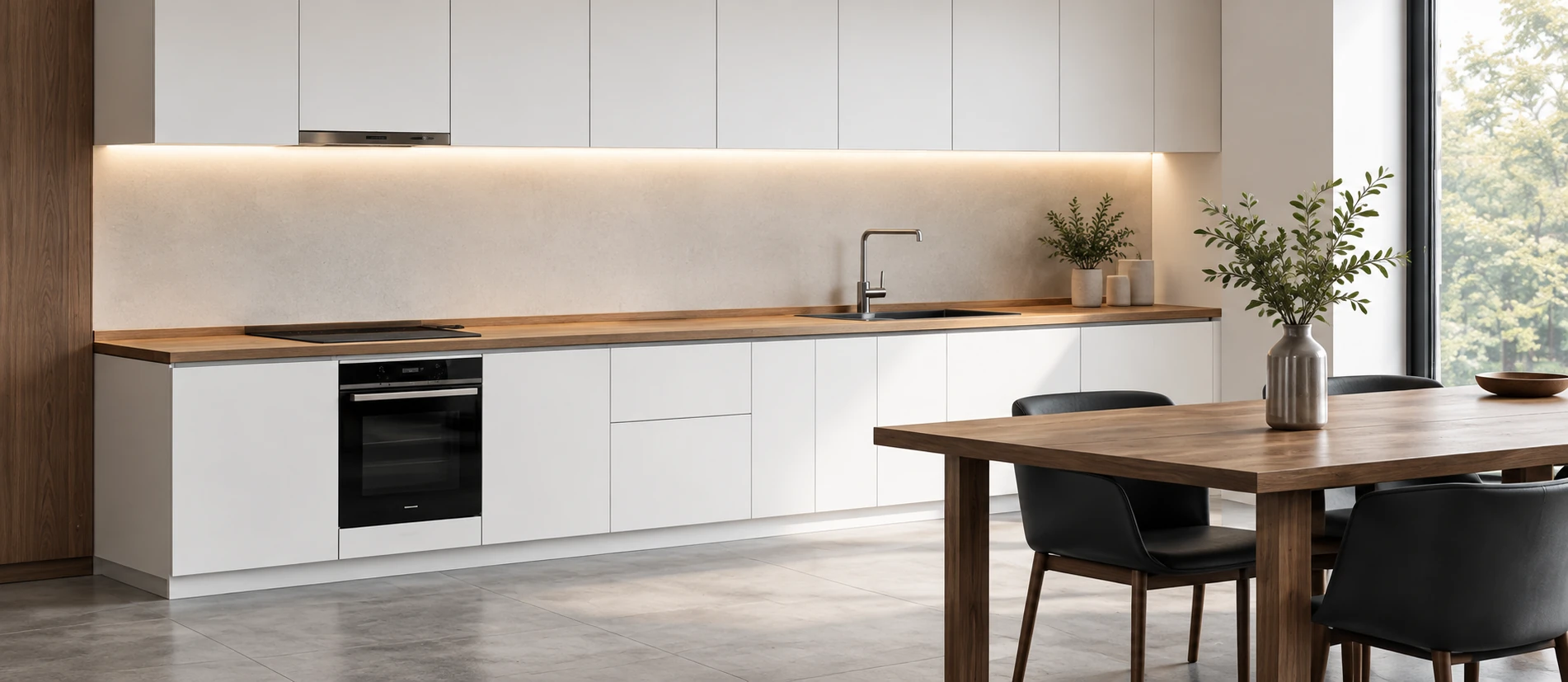 White cabinetry with oak finishes