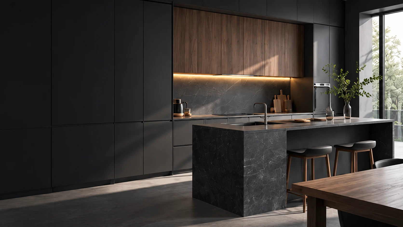 Dark graphite and walnut custom kitchen with a stone island