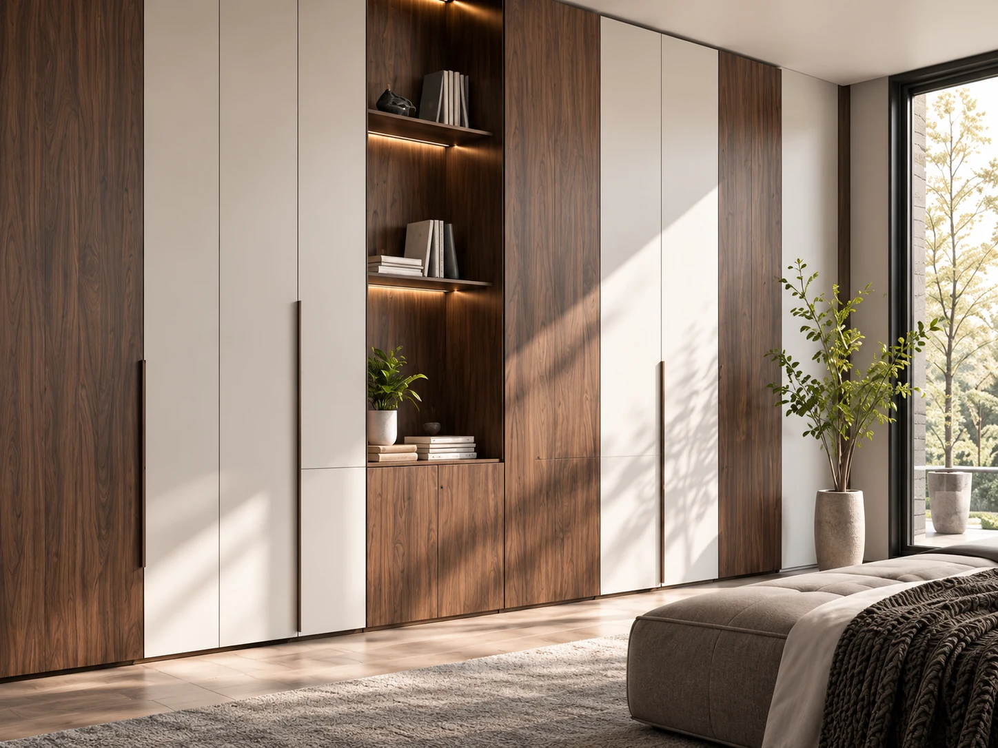 White and walnut built-in wardrobe in a sunlit bedroom