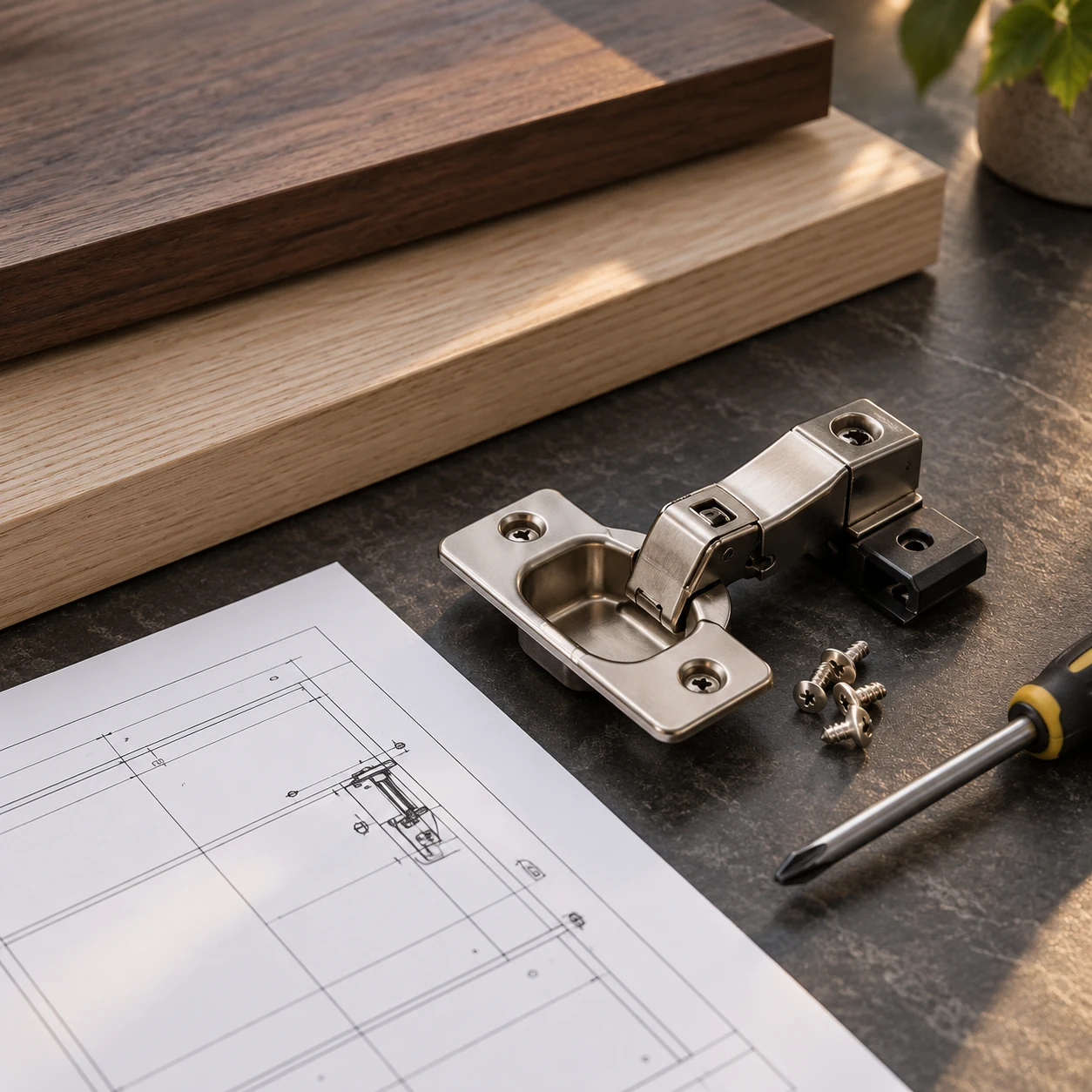 Cabinet hinge, fasteners and assembly drawing