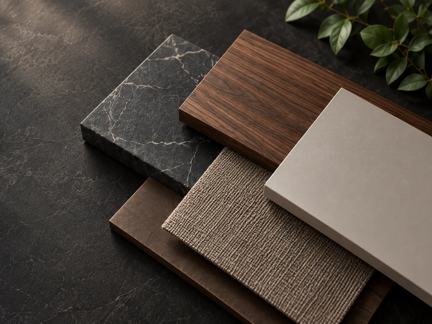 Walnut, stone, fabric and neutral finish samples