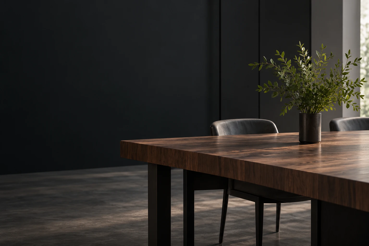 Walnut table with dark chairs and leafy branches in a ceramic vase