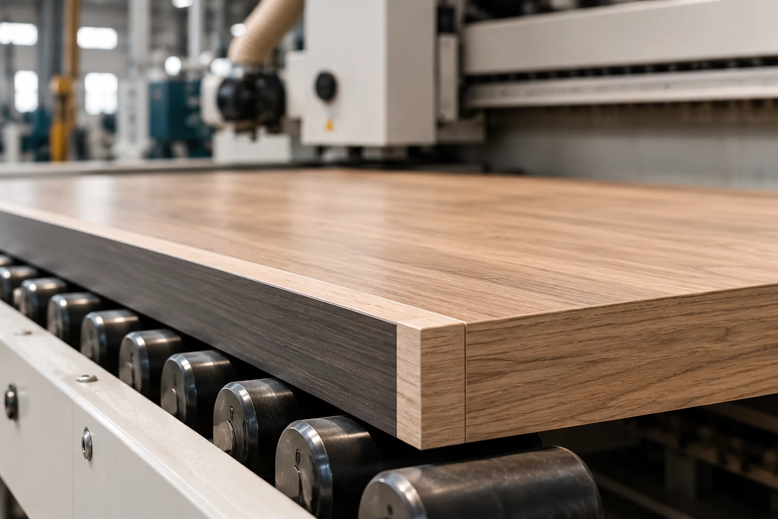 Close-up of a precisely finished wood panel edge