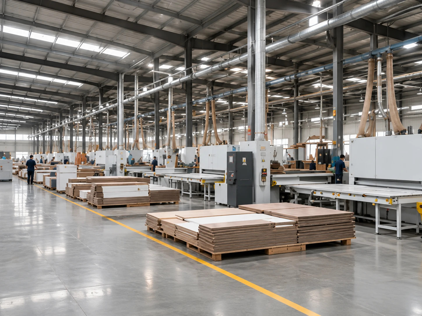 Furniture manufacturing workshop with neatly stacked panels