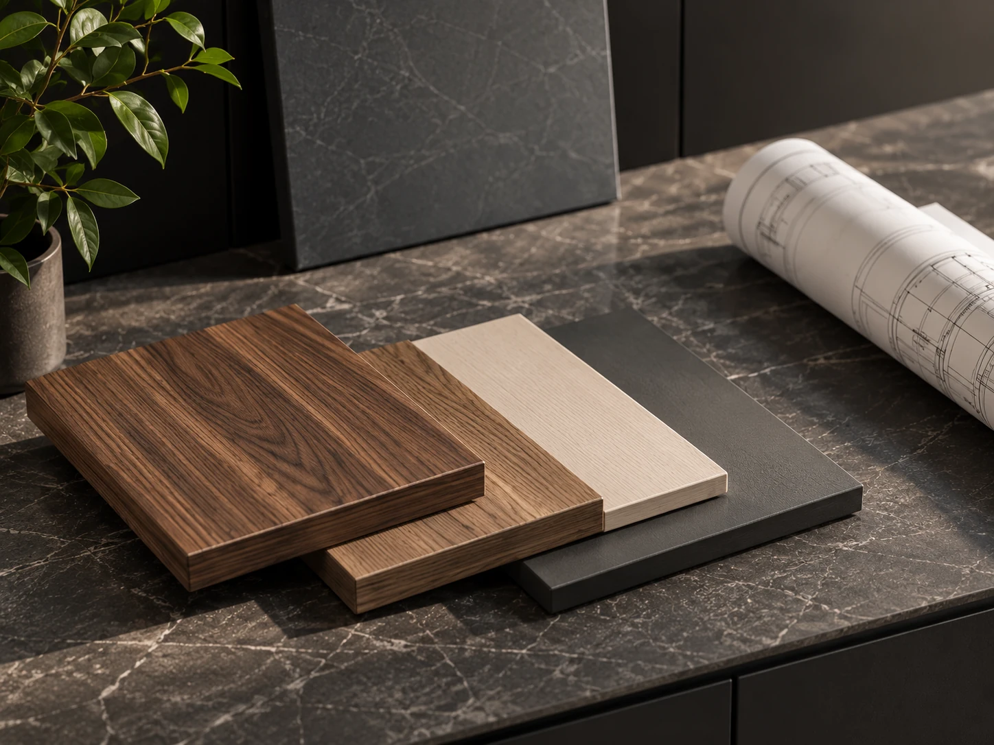 Walnut and neutral material samples with rolled furniture drawings