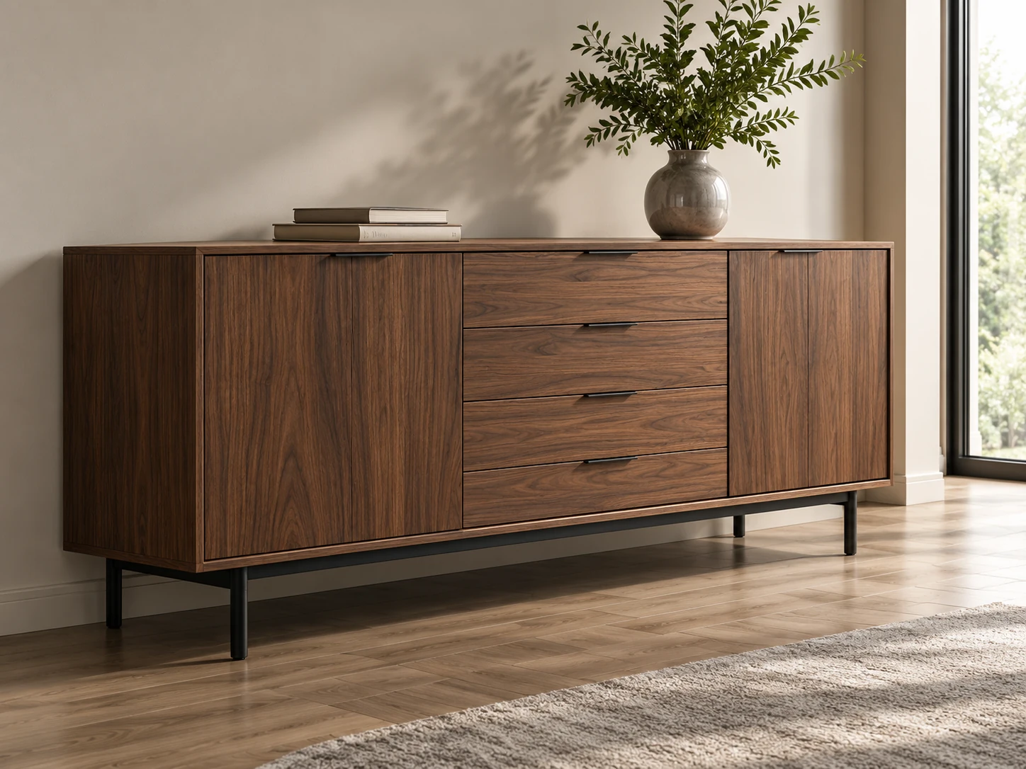 Finished walnut sideboard with dark metal legs
