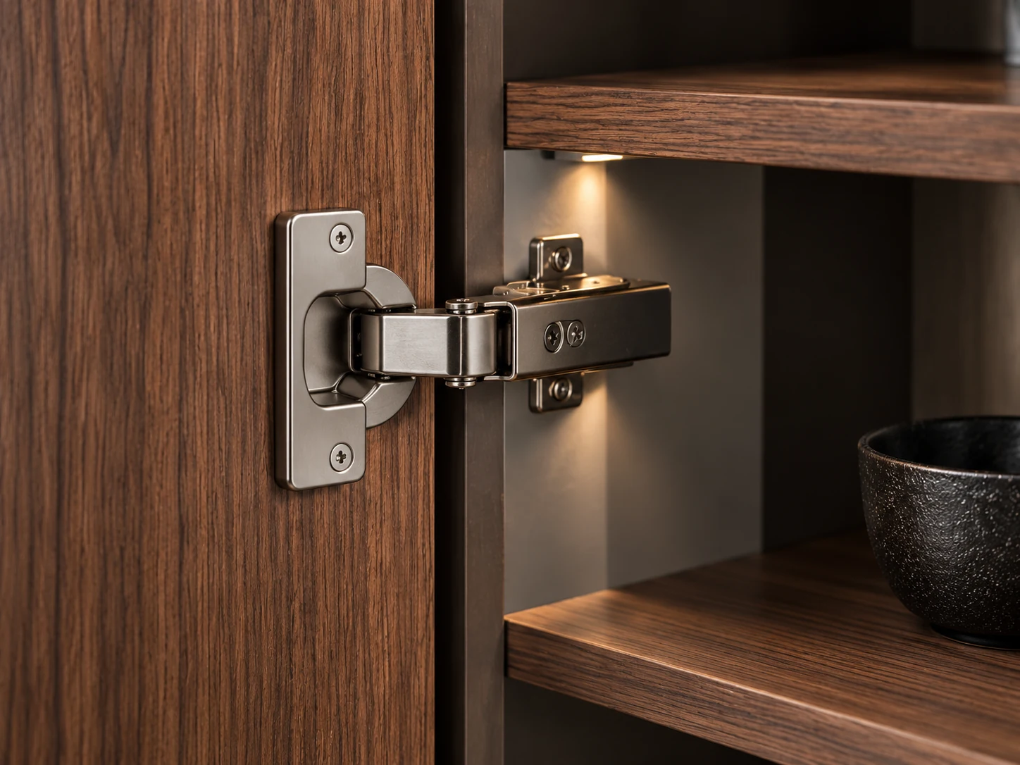 Close detail of a steel hinge in a walnut cabinet
