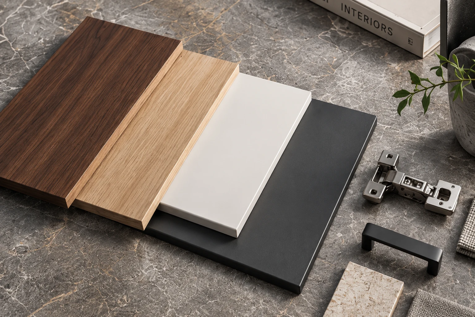 Walnut, oak, white and charcoal door panels with cabinet hardware