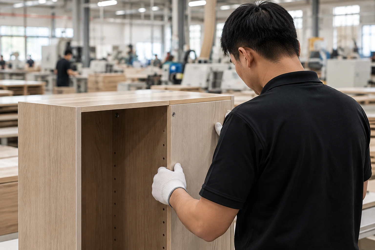 Worker inspecting the finish and assembly of a cabinet panel