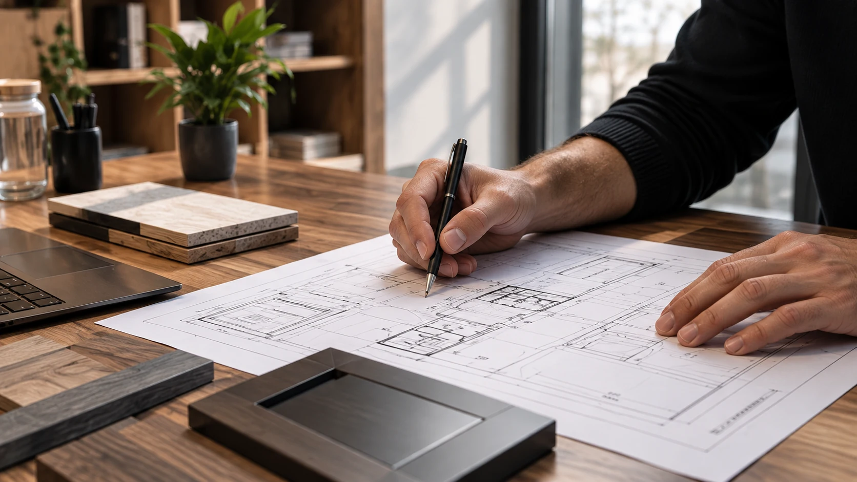 Hands reviewing furniture drawings with wood and stone samples
