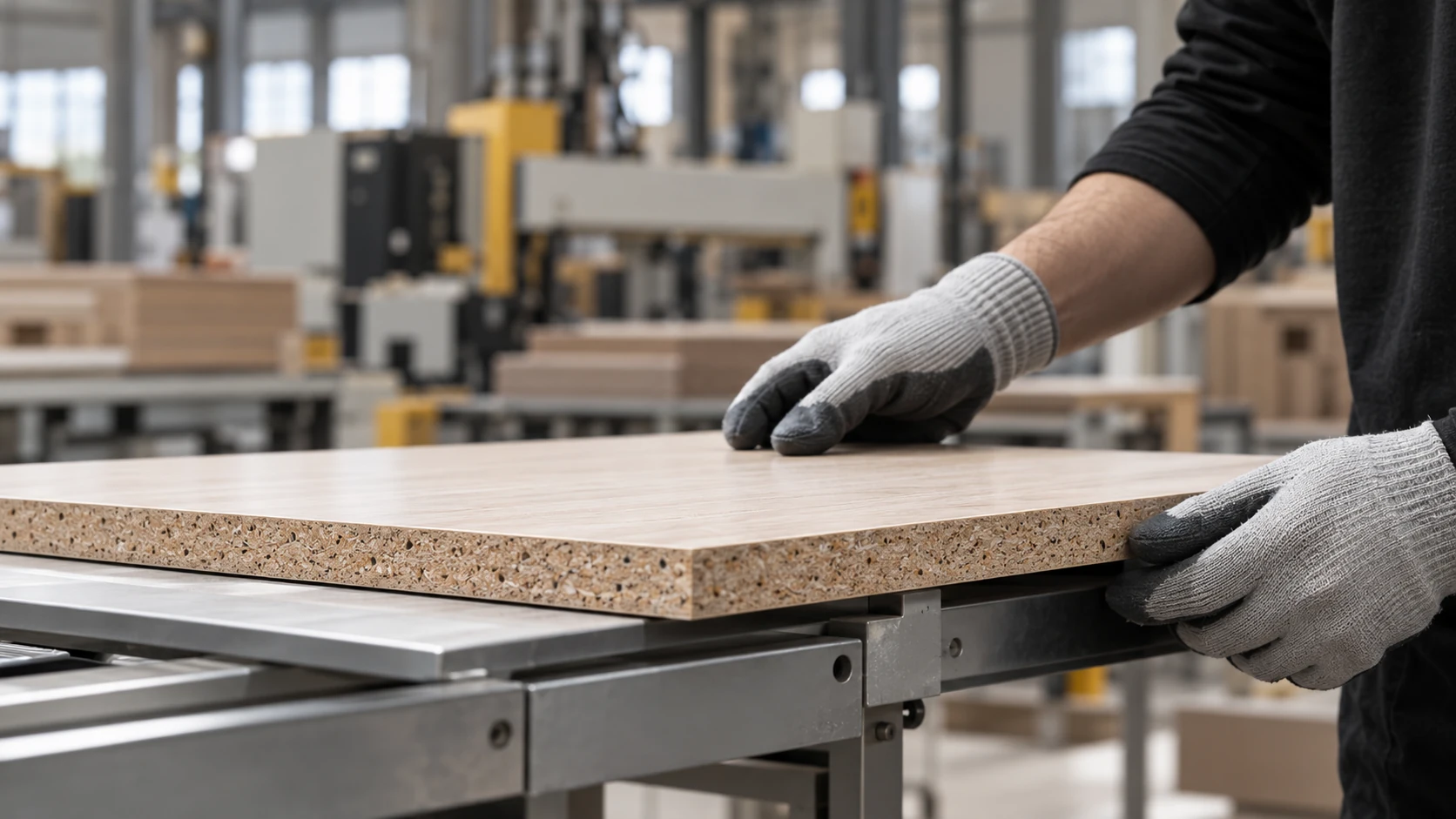 Gloved hands checking a finished furniture panel