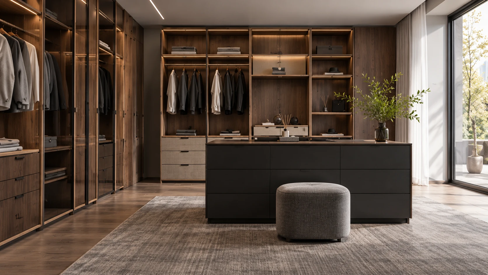 Dark walnut walk-in wardrobe with integrated lighting