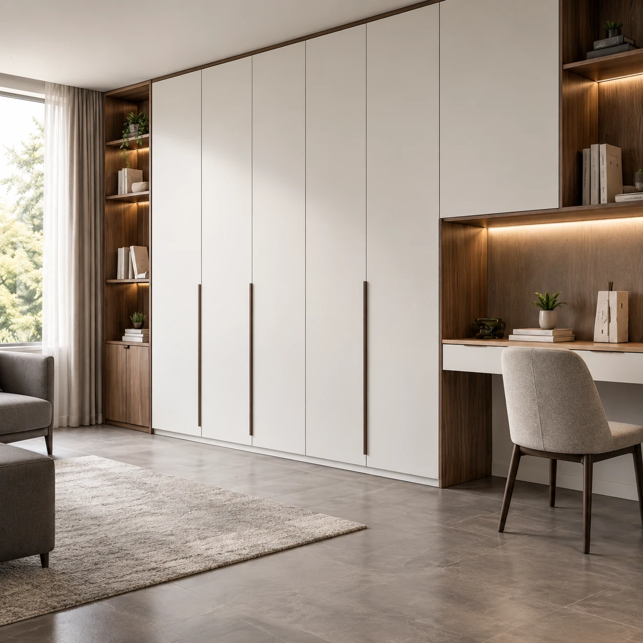 White built-in wardrobes with a walnut desk and softly lit shelving
