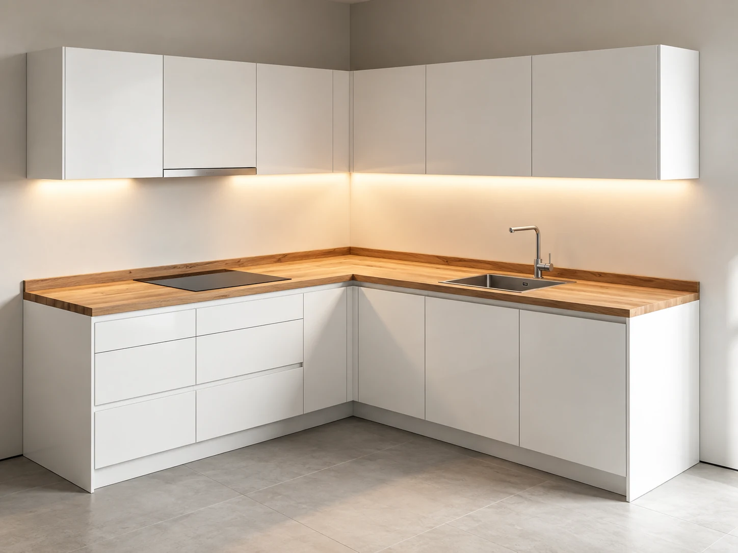 White L-shaped custom kitchen cabinets with an oak countertop