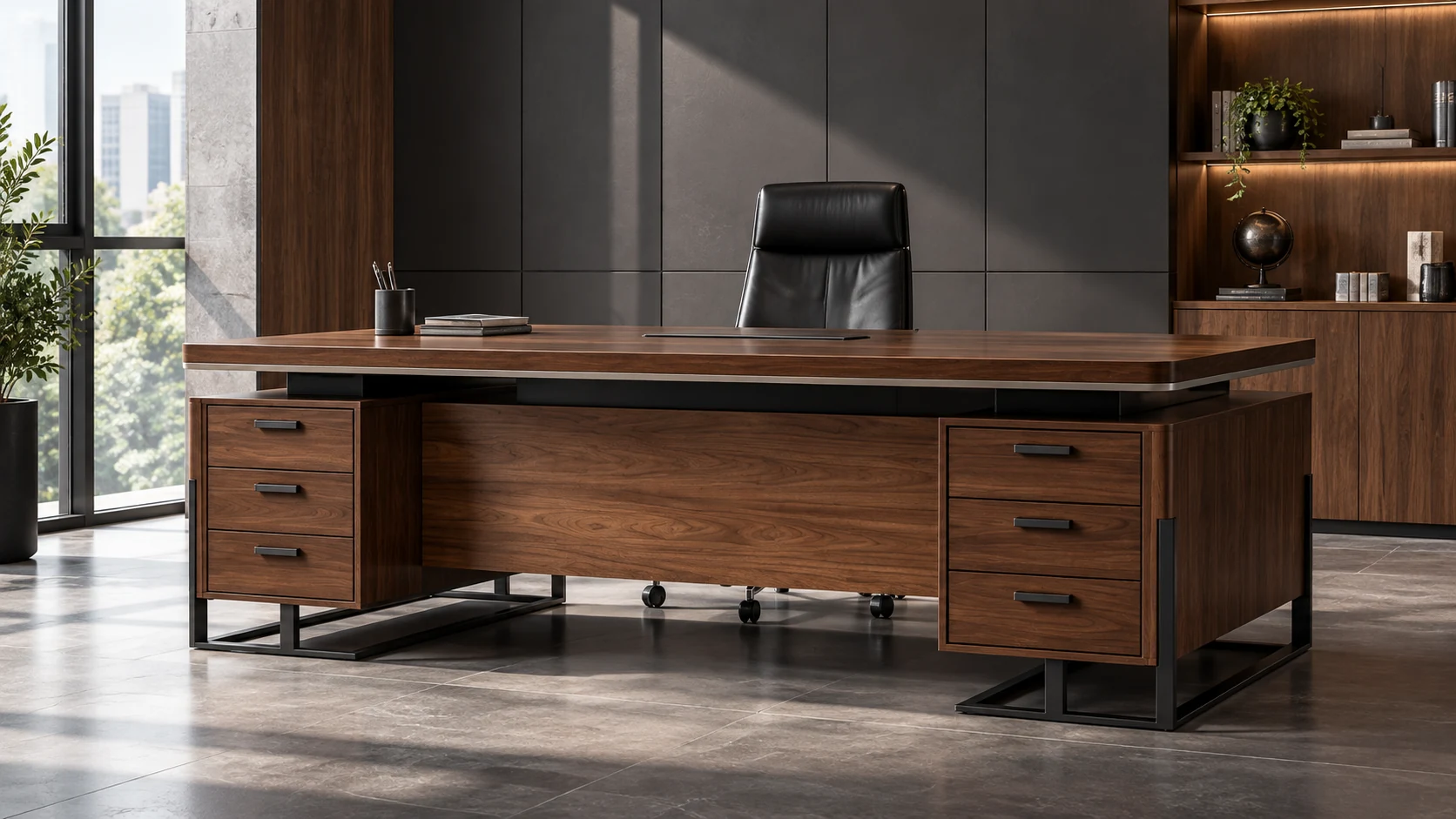 Walnut executive office desk with black metal frame