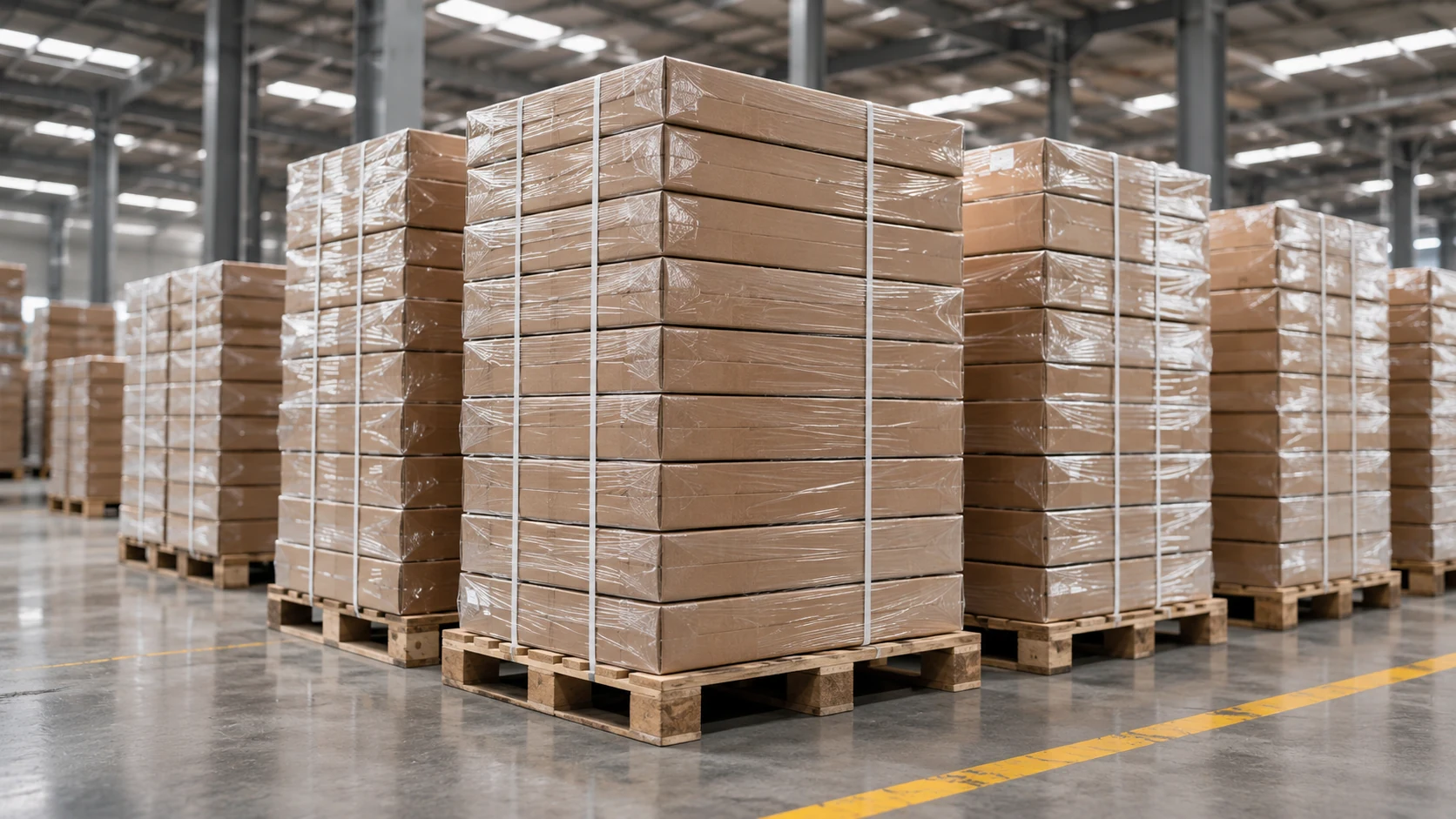 Flat-pack cabinet cartons wrapped and secured on pallets