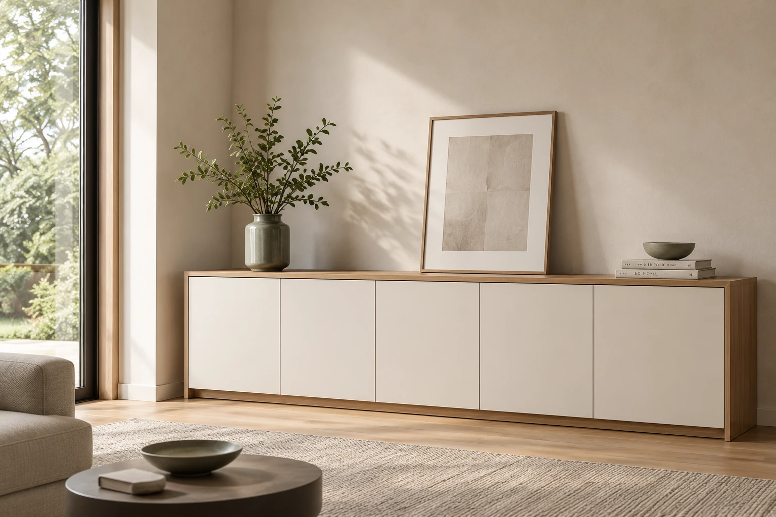 Ivory and oak sideboard in a living room