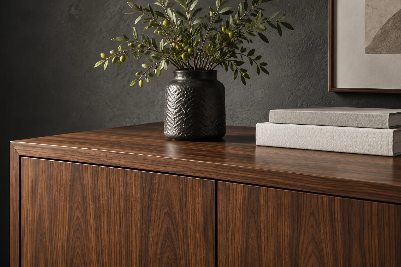 Walnut cabinet with ceramic vase