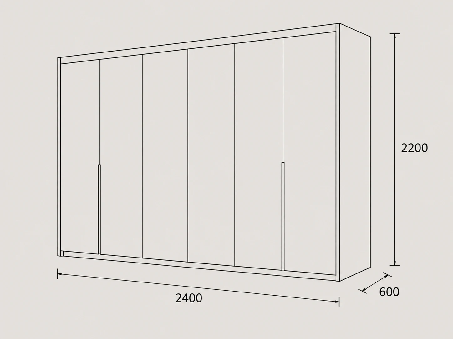 Wardrobe reference dimensions: 2400 mm wide, 600 mm deep, 2200 mm high