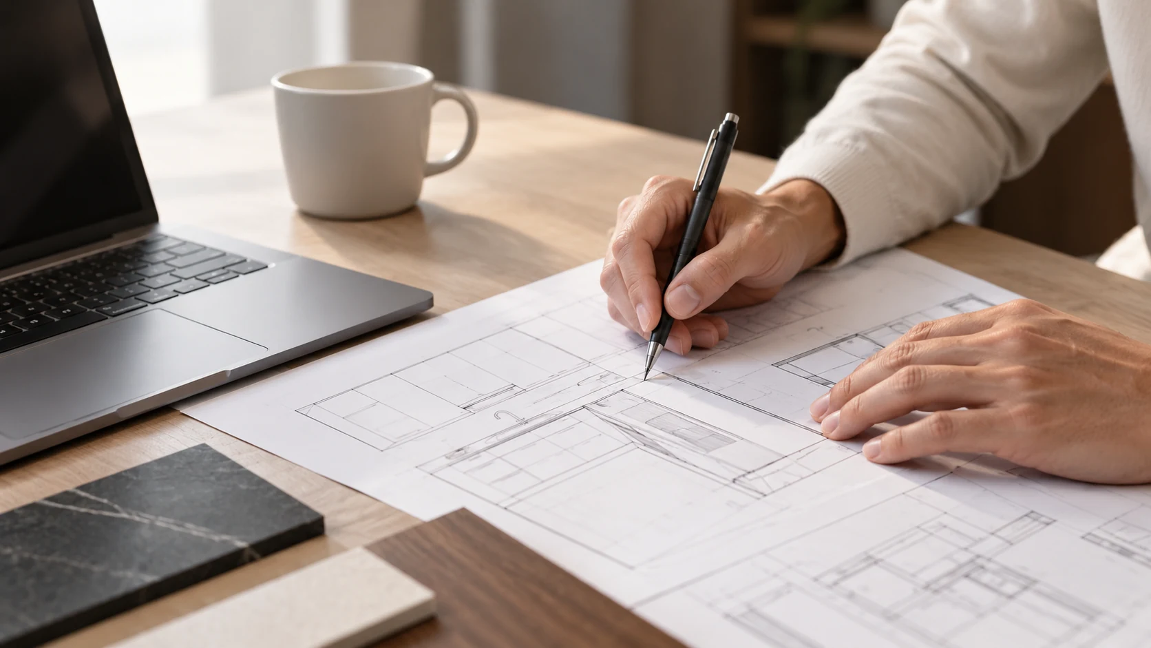 Designer preparing cabinetry drawings and material specifications