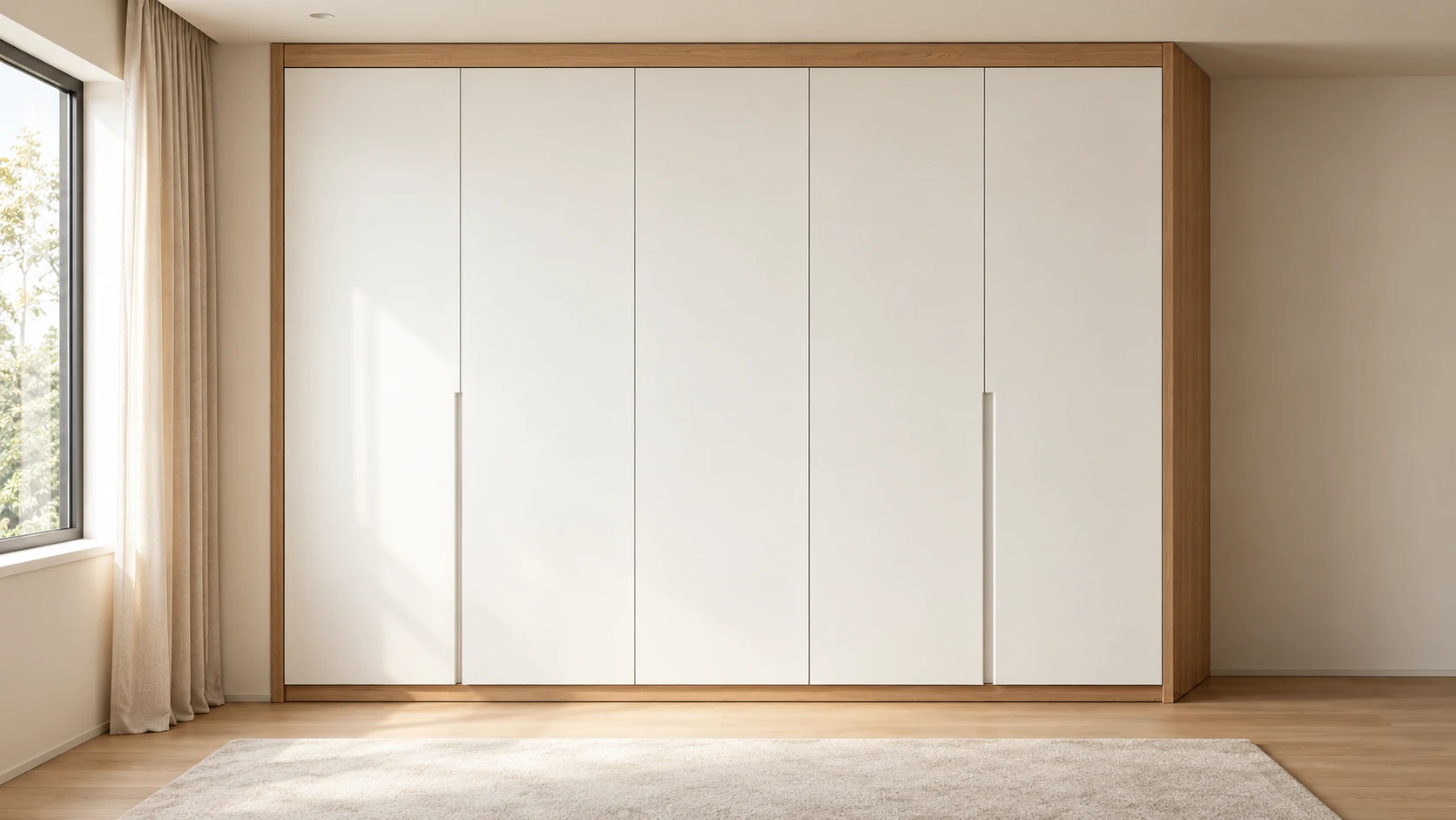 White built-in wardrobe framed in natural oak